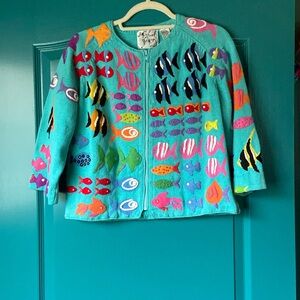 VINTAGE MICHAEL SIMON CROPPED FISH SWEATER SIZE P/M RARE FIND
